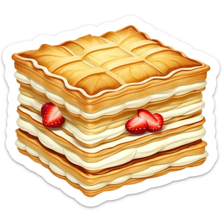 mille-feuille-cinematic-realistic-mille-feuille-dessert-emoji,-depicted-as-a-rectangular delicate-pastry-composed-of-two-crisp-layers-of-puff-pastry-with-a-rich-cream-filling,-rendered-with-intricate-textures-and-elegant,-soft-lighting. Please only show two layers only. sticker