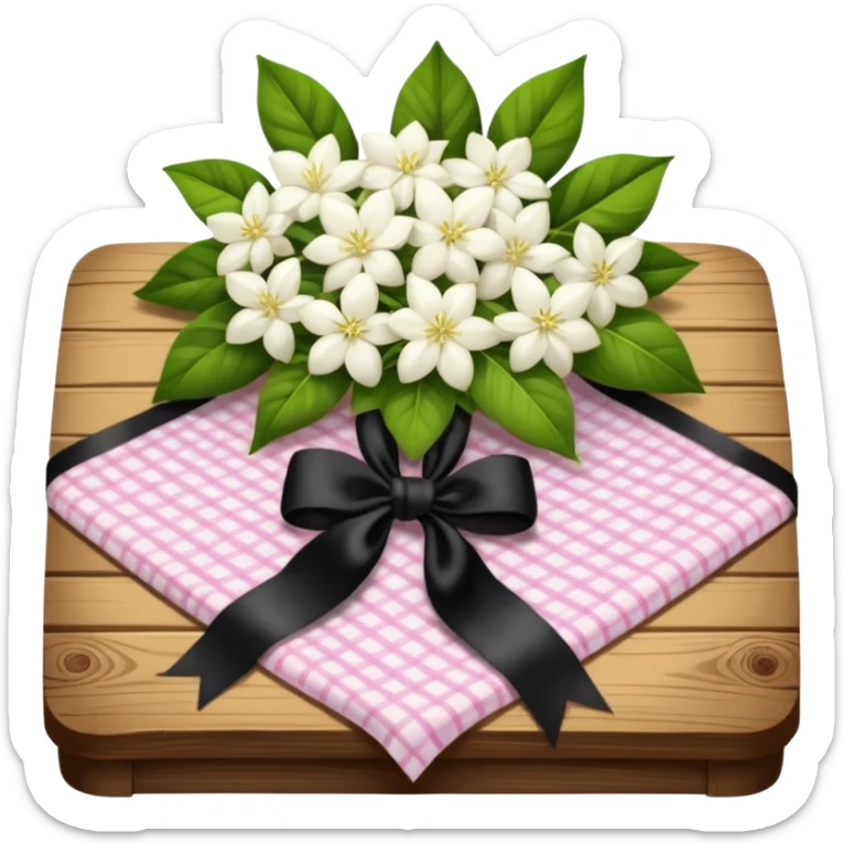A lush bouquet of white color Jasmin black satin ribbon, resting on an antique wooden table, with a pale yellow and pink plaid pattern table cloth sticker
