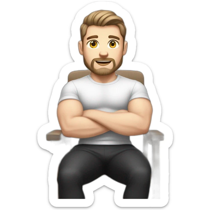 Pale skinned Fit Man With the biceps and dark brown hair in black shirt, gray sports shorts and white Sneakers Sitting on a chair sticker