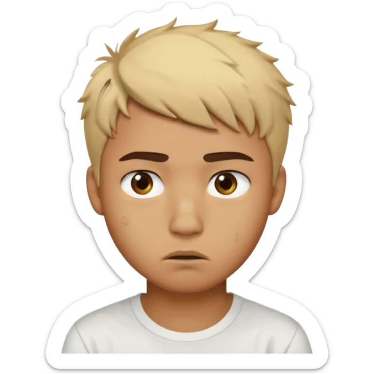 caramel skin color. Teen age. Short buzz, messy blonde hair, dark brown bushy eyebrows large expressive golden-brown eyes, brown skin color, scar over nose, wearing a plain white t-shirt. Disappointed thinking facial expression. caramel skin color. 20 year old male. sticker