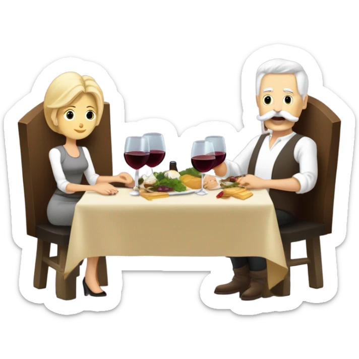 Repas raclette et deux verres de vin blanc en couple 50 ans, femme blonde cheveux aux-dessus des épaules homme petite barbe et moustache grisonnantes et cheveux bruns grisonnant  sticker