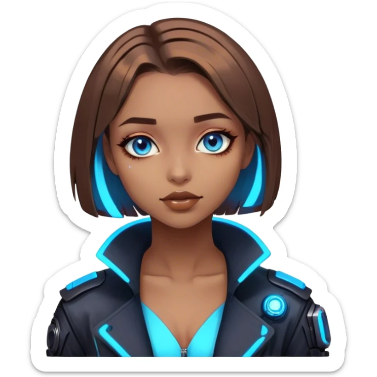 neon cyberpunk style 
girl with brown bob hair and blue eyes flirts sticker