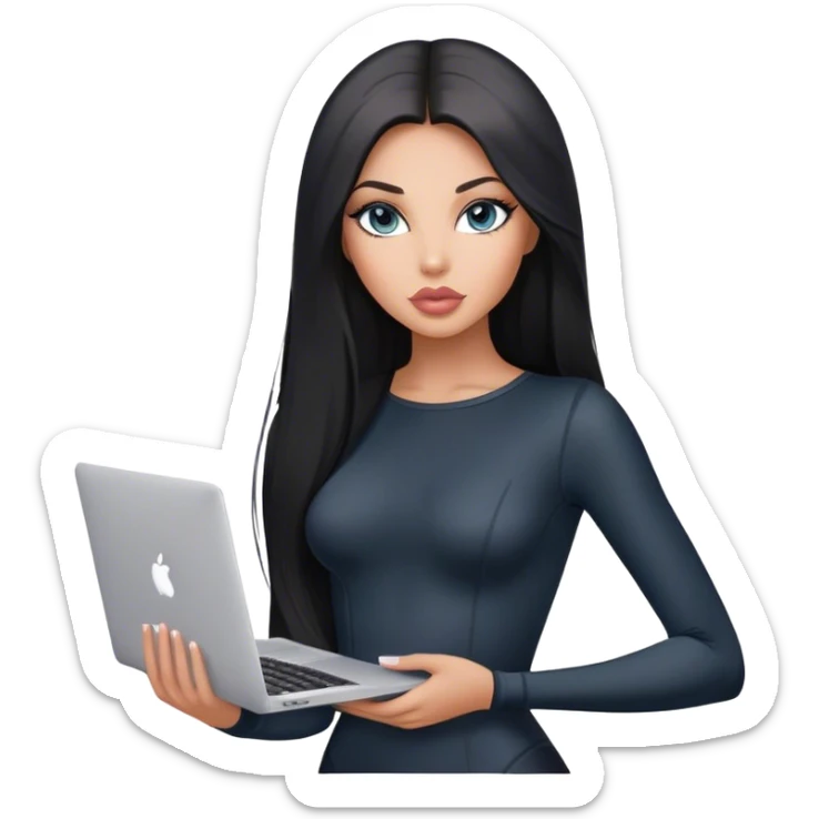 Glamours, tanned, very beautiful girl, with big pump peach-beige-rose lips, black straight smooth silky long hair, straight parting, blue-grey eyes, in black bodysuit holding MacBook sticker