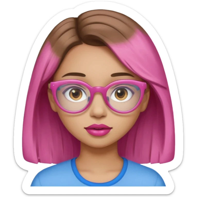 A girl with light skin, brown eyes, blue glasses, pink lips, and light brown hair. sticker