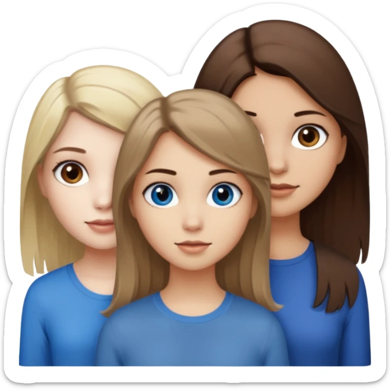 a trio of people where one girl in the back has white skin, brown hair, and brown eyes; another girl in the back has white skin, dirty blonde hair, and blue eyes; and the girl in the front has tan skin, dark brown hair and dark brown eyes. sticker