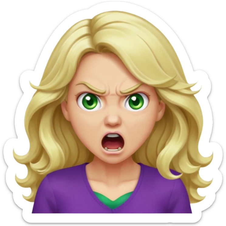 lady with long wavy blonde hair, purple top, green eyes, shouting and looking very angry sticker