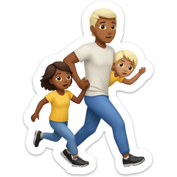 Three charater: a child running to return from the hug of a white father back to his yellow mother sticker