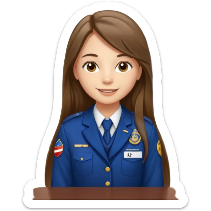 Young girl, long brown straight hair, wearing uniform jacket with hotel name badge, tasteful scarf, stand behind the desk

 sticker