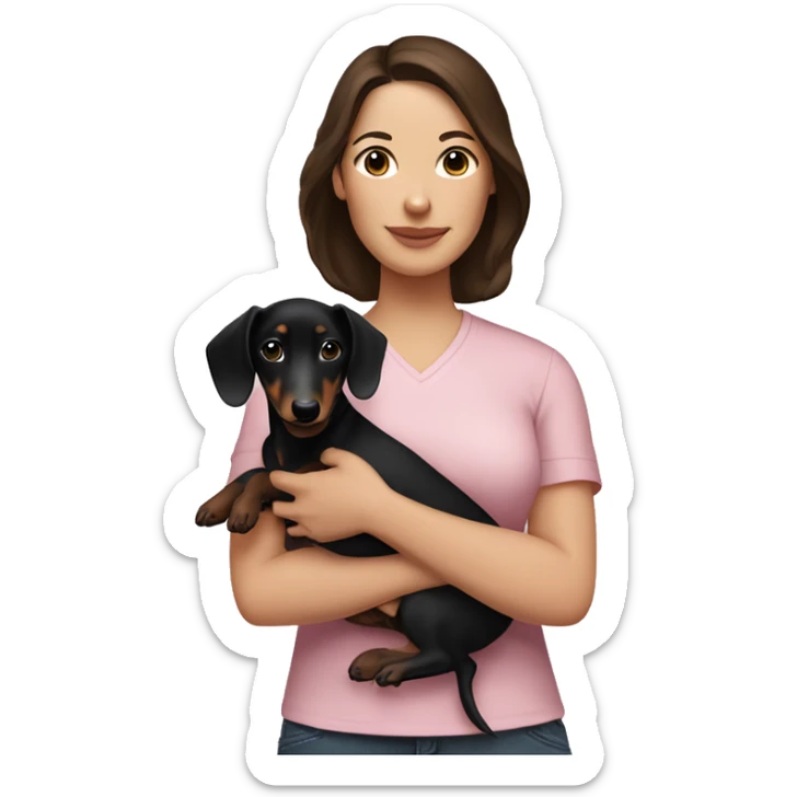 a heavier brunette woman in a light pink shirt, with white skin, holding black dachshund puppy in her arms sticker