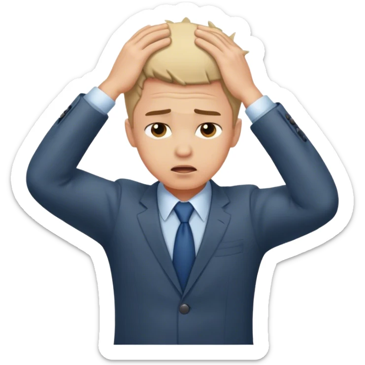  A business man boy who is Frustrated by long search and and keeping hands in head and scrating sticker