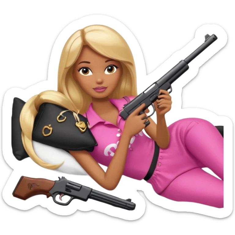 Brown skin blonde hair barbie laying in bed holding a black gun sticker