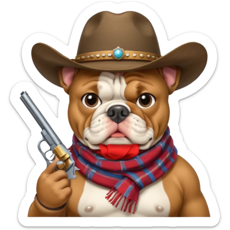 A bulldog wearing a cowboy hat, covering his mouth with a scarf so he wouldn't be recognized, pointing a revolver at you, telling you to hand over your money. sticker