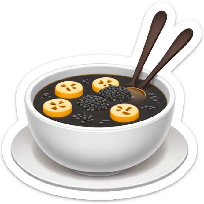 Black sesame soup sweet dessert in bowl, simplified emoji style with bold outlines and bright colors, cartoon style Zhi Ma Hu traditional Chinese treat sticker