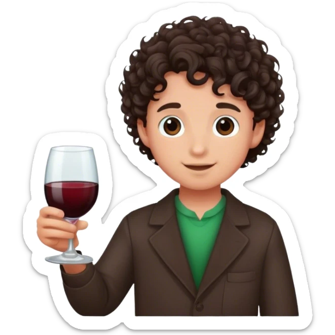 Of a boy with curly dark brown hair which is holding a glass of vine sticker