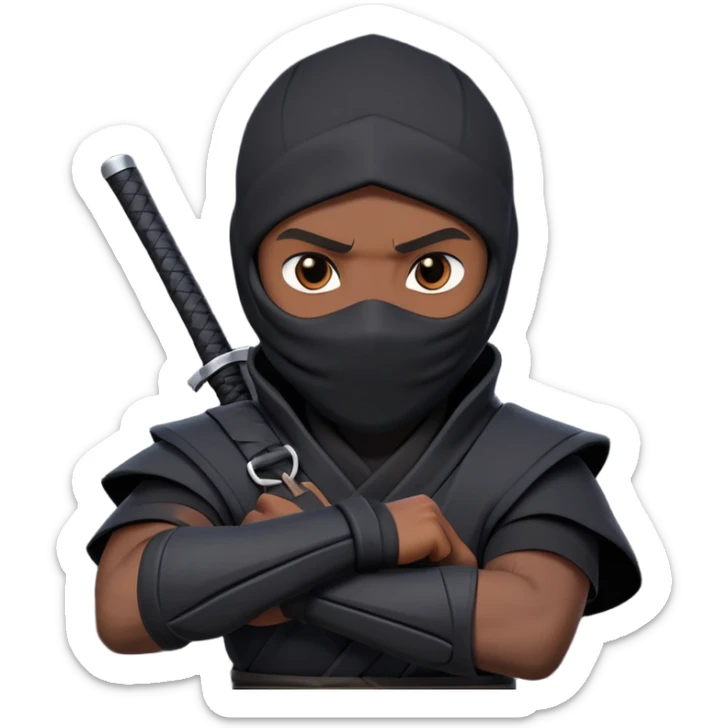 clash-of-clans-aesthetic_-cinematic-mysterious-male-ninja-portrait-emoji, rendered in a flat, vector-style with minimal shading and bold, simplified shapes, his arm is stretched out  with a head slightly turned revealing intense, focused eyes. the ninja has his arm out and perched on top of his forearm is  a black crow sticker