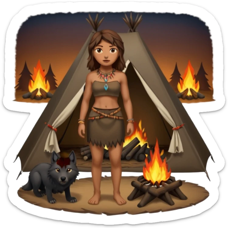 a NEANDERTHAL WOMAN WITH BROWN HAIR STANDING BY A FIRE AND TENT WITH BLACK WOLF sticker