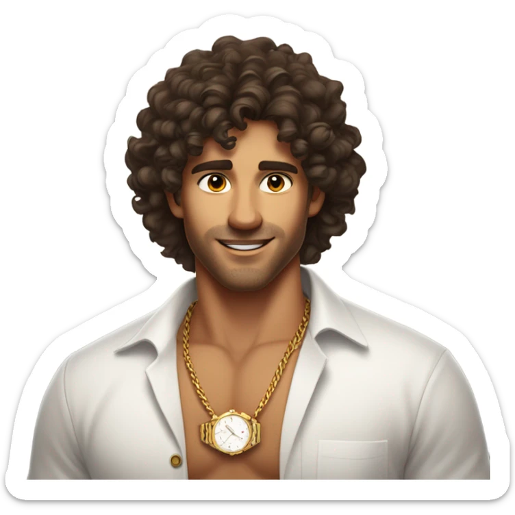 A waist up shot of a handsome tan man with dark brown curly hair wearing a white shirt and a gold watch sticker