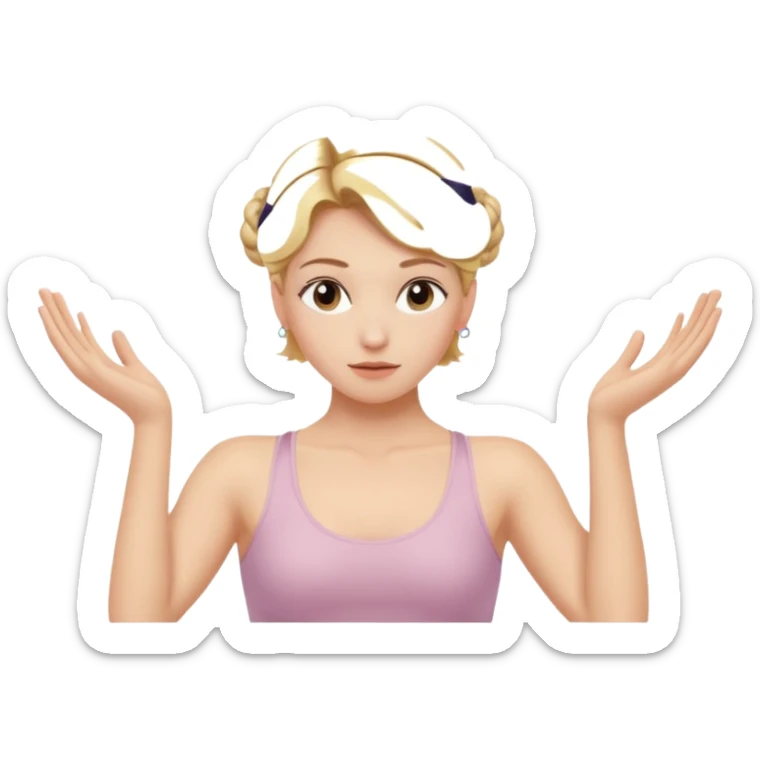 Cinematic Realistic pilates Girl Portrait, depicted with lifelike skin texture, subtle rosy undertones, and soft natural lighting that enhances the gentle contours of her face. Her intricately detailed golden blonde hair is elegantly styled in an updo, sticker