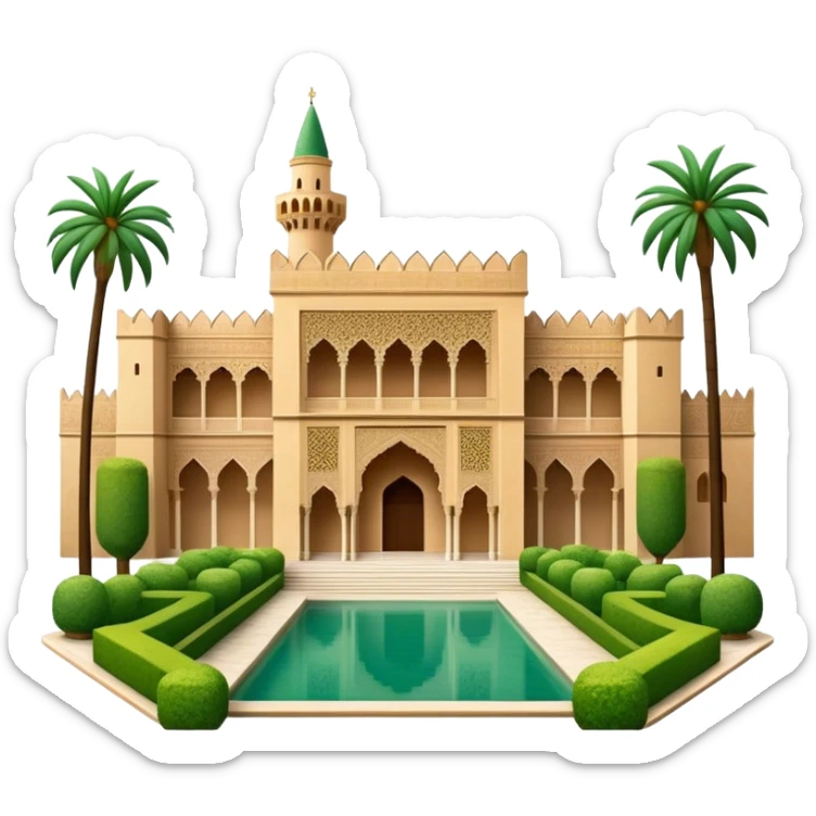 Cinematic Realistic Alhambra Landmark Emoji, showcasing the ornate historic palace with lush gardens rendered with rich textures and soft, majestic lighting. sticker