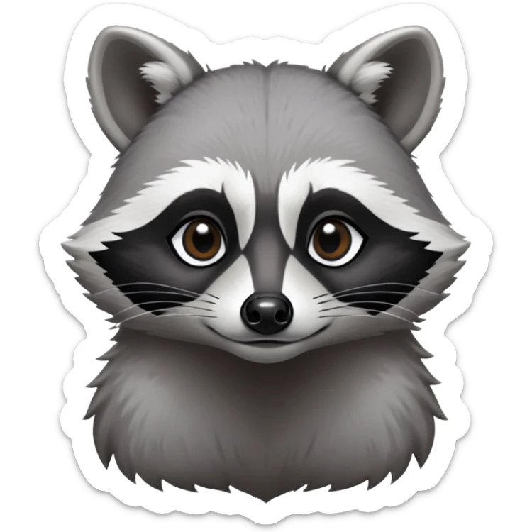 Cinematic-Noble-Raccoon-Portrait-Emoji – Poised and confident, with a sturdy build and a beautifully textured fur of silver-grey accented by dark black facial markings, deep-set, large big black eyes revealing no white, simplified yet sharp and sophisticated zoom out to show shoulders sticker