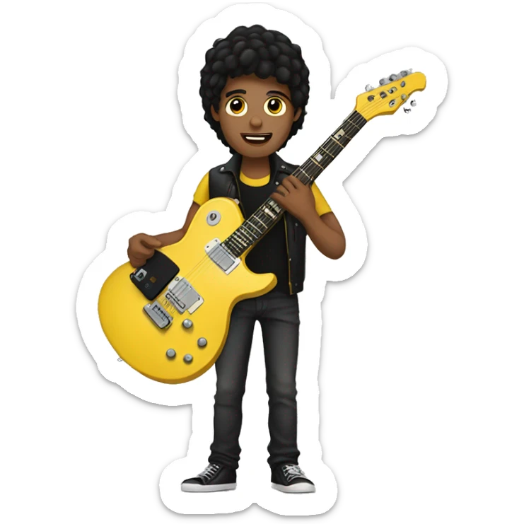 Guy with brown hair brown eyes black hair holding a yellow and black electric guitar sticker