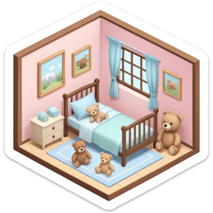 isometric baby room, Cozy baby room with crib and teddy bear sticker