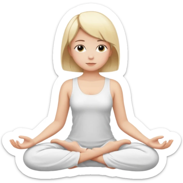 a blonde girl with a short haircut in a white dress sitting in a lotus position and meditating sticker