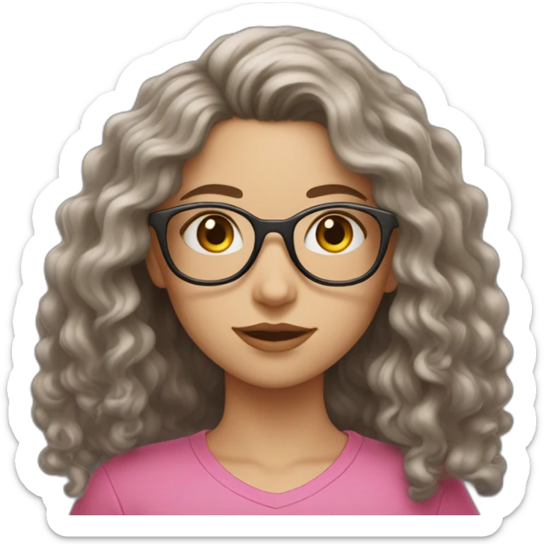white girl with long dark curly hair and glasses in pink shirt sticker