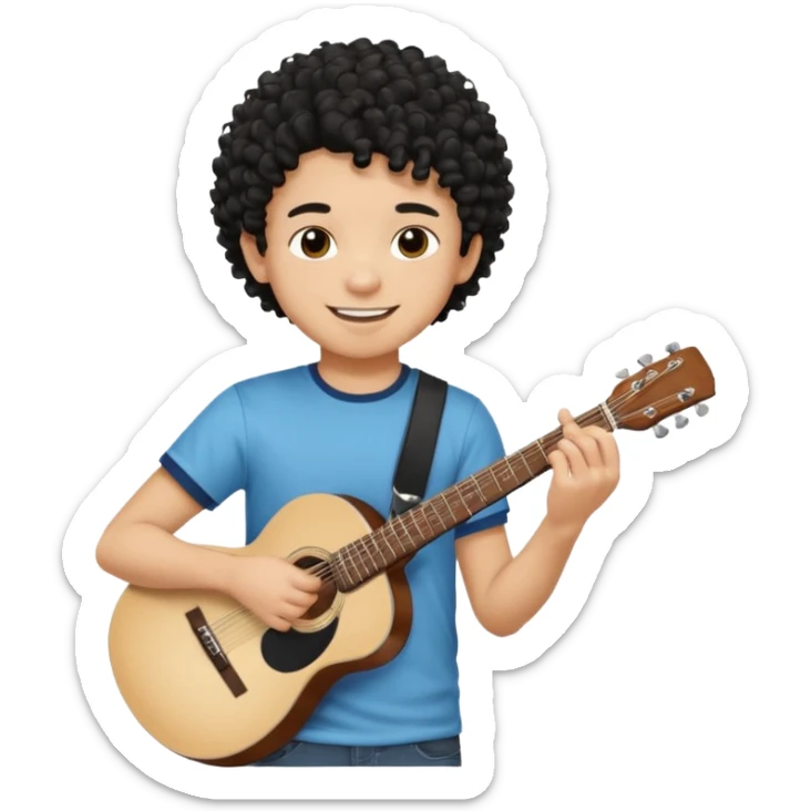 A boy with black fade curly hair Smiling and holdijg a guitar  sticker