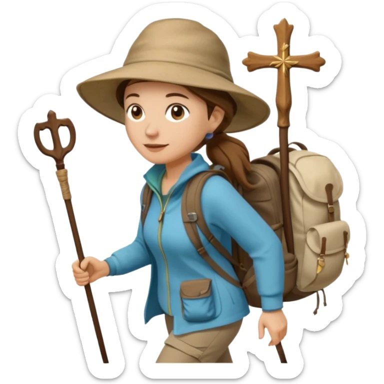 Middle aged women, long brown hair in ponytail with wide brim hiking hat. Walking with backpack and trekking poles. Backpack gas a scallop shell with the cross of saint james hanging from it. She is a pilgrim on the Camino Frances on her way to Santiago de Compostela sticker