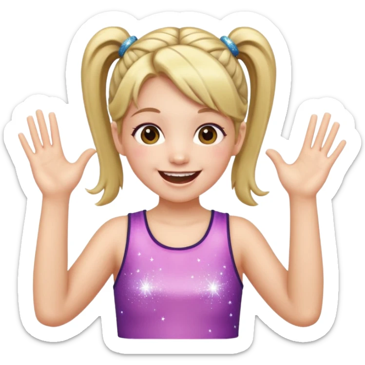 A girl with pigtails and a sparkly top, cheering with both hands raised and a huge smile. sticker
