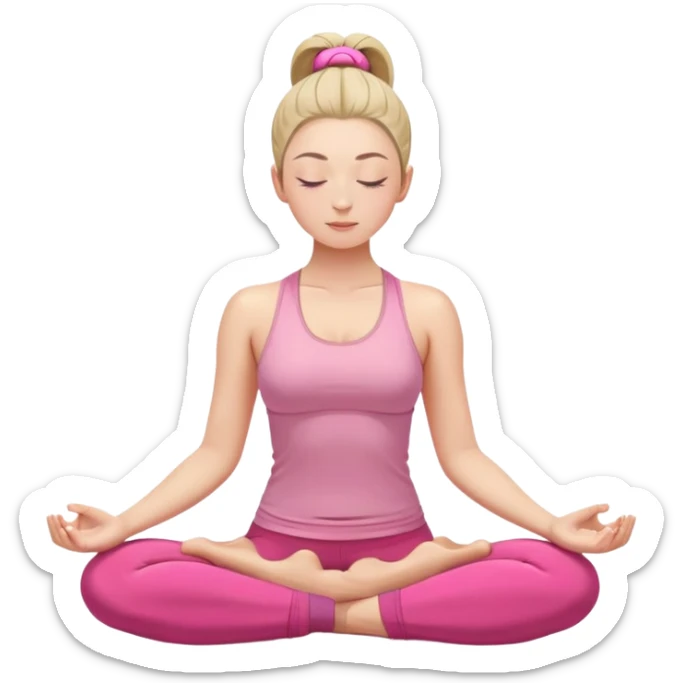 caucasian woman with high ponytail in lotus position meditating, eyes closed, peaceful expression, pink yoga clothes sticker