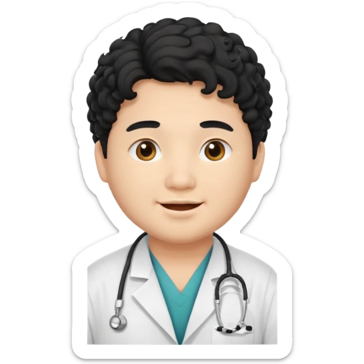 a young asian chubby male doctor with black long curly hair and cheerful face without gpasses sticker
