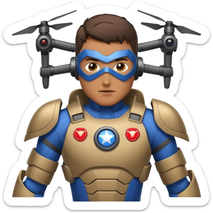 Un photographe homme high tech, une armure de terrain à la super héro. Il a des appareils photos, des caméras embarquées et un drone  sticker