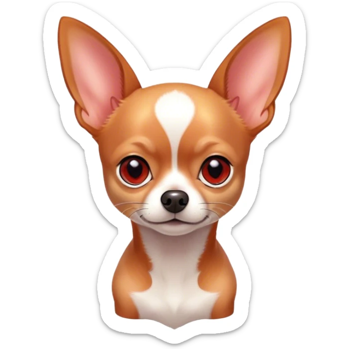 Cinematic Noble Red/White Short Haired Chihuahua Portrait Emoji, Poised and regal, with a compact, muscular build and a striking red and white coat, deep-set soulful dark eyes, Simplified yet sharp and sophisticated features, highly detailed, glowing with a soft, dignified glow, high shine, intelligent and loyal, stylized with an air of strength, focused and attentive, soft glowing outline, capturing the essence of a watchful and confident guardian, so majestic it feels as though it could step out of the screen with effortless authority! sticker
