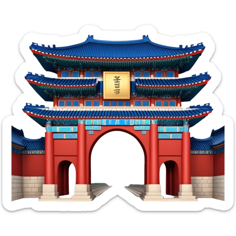 ​Cinematic Realistic Gwanghwamun Gate, depicted as a majestic historic gateway with traditional Korean architectural details, vibrant red and blue accents, and intricate carvings, set against a backdrop of modern Seoul under dynamic, natural lighting that highlights its timeless grandeur, sticker