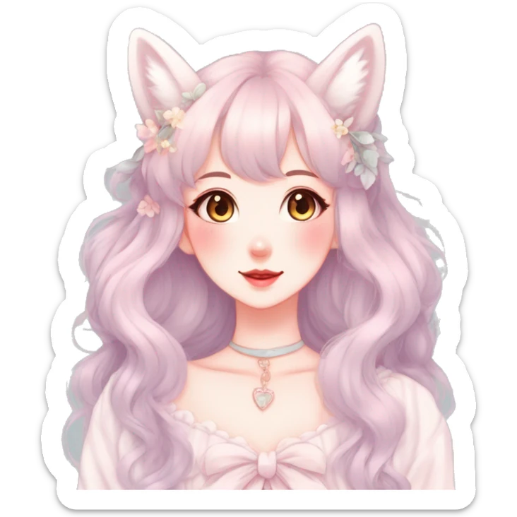 Gorgeous pastel anime style lady with blushing face and fox ears cottagecore fairycore pastelcore colorful pearly romantic simplistic aesthetic trending style sticker