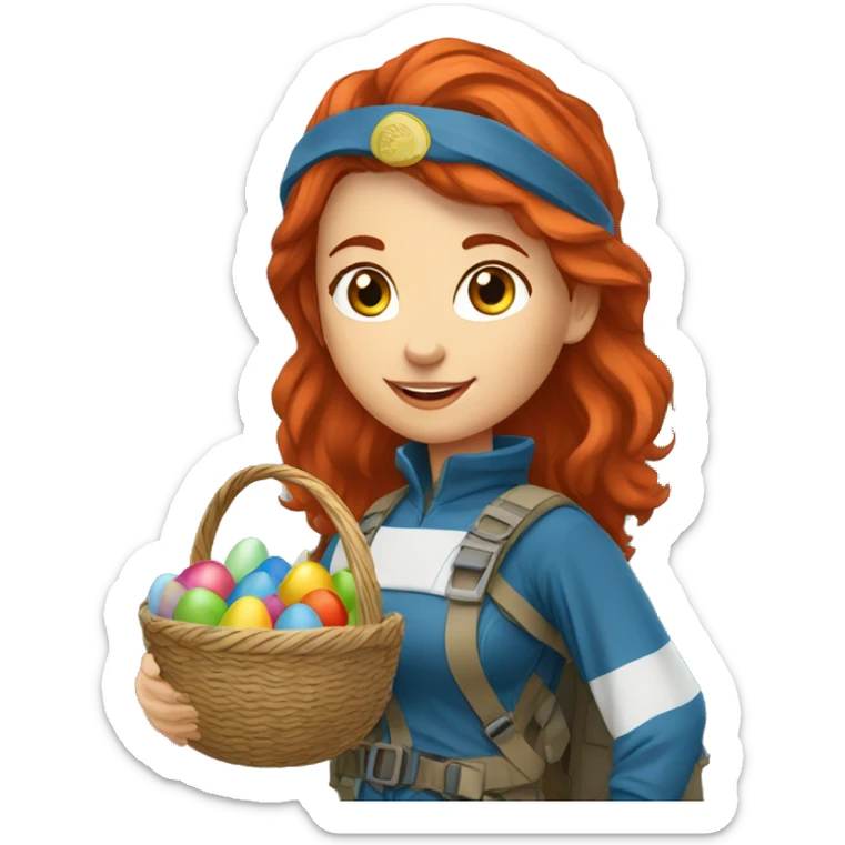 Female red hair mountaineer on mount summit holding greek flag and easter eggs basket sticker
