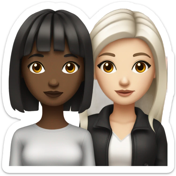 Two white girlfriends. One with brown hair in square, the other with black hair, bangs and a square. In fashionable clothes and beautiful modern makeup sticker
