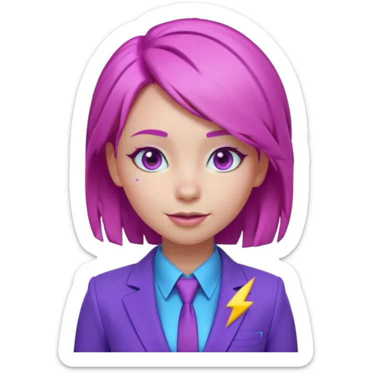 Cute 3D emoji-style girl sexy character with pink hair and purple eyes. No hands, no pose. Clean purple suit with a glowing neon-blue ‘C’ logo on the chest, small lightning accent. Smooth Apple-style lighting, friendly expression sticker