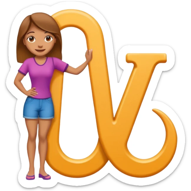 A giant Letter J with a woman on all fours with face over the hook or lower descender of the letter, smiling sticker