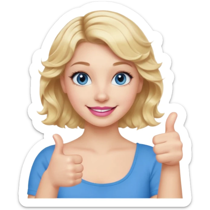 Girl Blonde short wavy hair,  blue eyes, cute blue top, long lashes, pink lips, smiling, thumbs up sticker