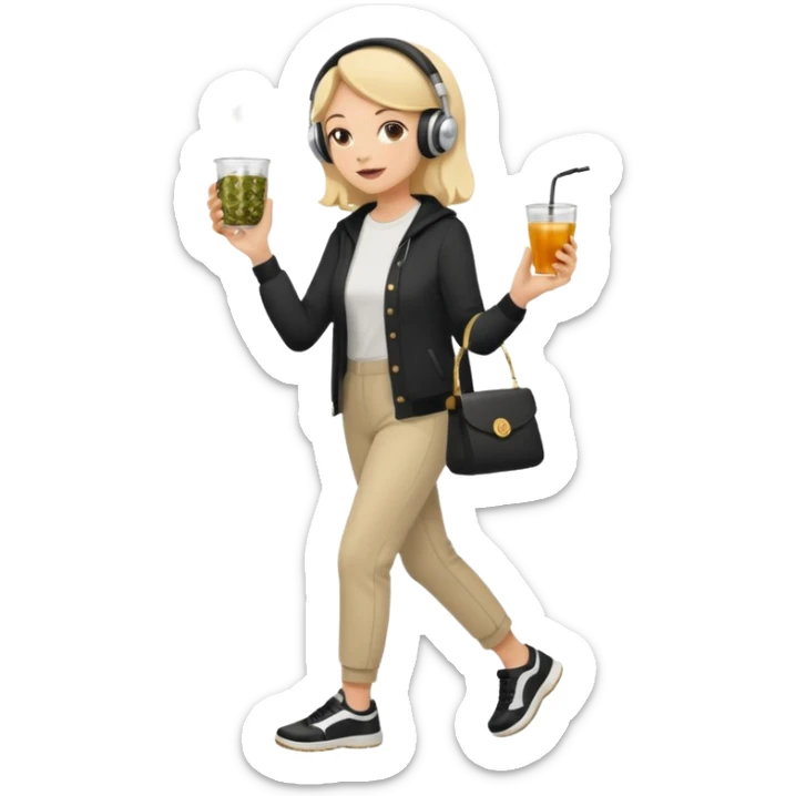 a young woman full length walks with headphones on with a caviar toast in one hand and herbal tea in the other hand sticker