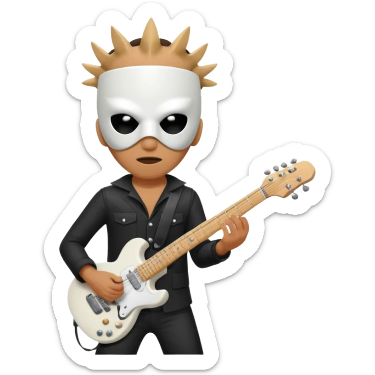 A quirky emoji-style character of a guitarist wearing a white bucket on his head, with two eye holes, a blank expression, and a small theatrical mask on the bucket. He’s holding an electric guitar, dressed in a simple black outfit, giving off a mysterious but playful rock legend vibe. sticker