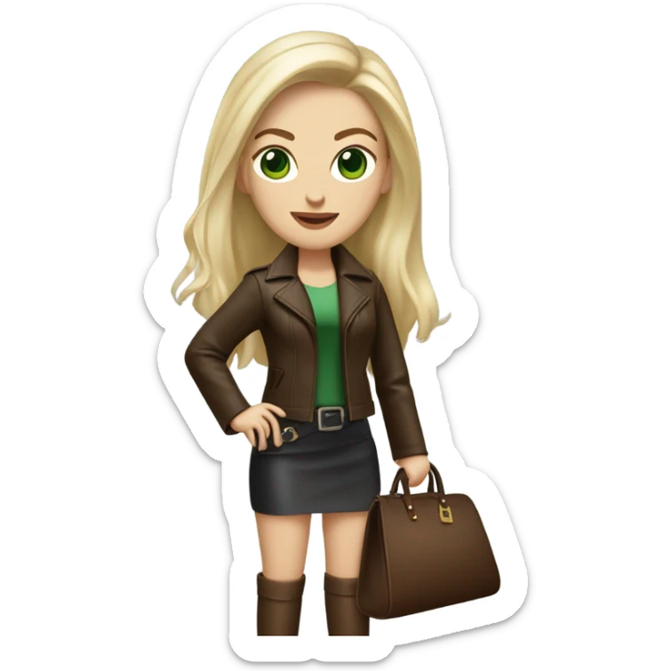Realistic White woman with Long straight blonde hair and green eyes, dark Brown oversize leather jacket, mini skirt and Brown heeled leather boots, holding handbag sticker