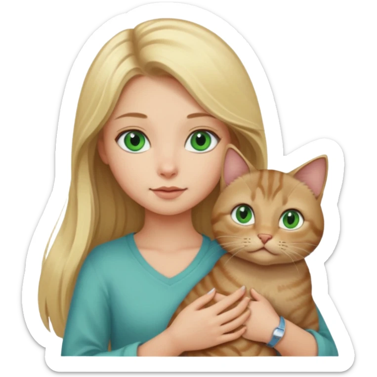 blonde girl with long blonde hair and blue eyes with tabby brown cat with green eyes and chubby gray cat with big green eyes sticker