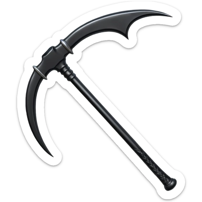 The scythe of the God of Death, a symbol of death, is long and straight, entirely in deep black. sticker