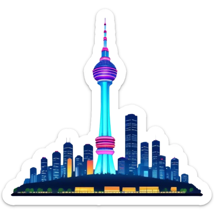 N Seoul Tower – Cinematic Realistic N Seoul Tower, depicted as a sleek modern tower illuminated against a vibrant cityscape at night, with reflective glass and dynamic neon lighting, rendered with intricate architectural detail and a futuristic urban glow. sticker