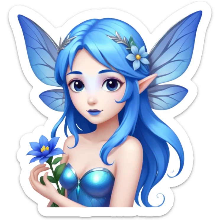 Beautiful, blue flower, fairy, blue, silver, purple, long hair, big wings, blue hair  sticker