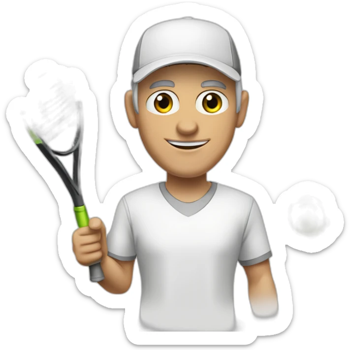 Tennisplayer green-eyed white-male in his 50s,gray-hear, gray-knob, white cap and white-shirt with tennis-raquet and tennis-ball sticker